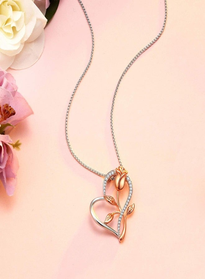 Klurent Rose Necklace for Women, Christmas Necklace with Gift Box, Rose Gold Flower Silver Heart Pendant Unique Necklaces Gift for Wife, Mom, Girlfriend on Christmas, Birthday, Anniversary - Image 3